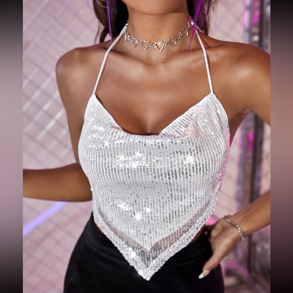 White Sequin Backless Top